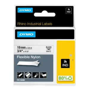 DYMO Rhino Industrial Flexible Nylon Labels | 3/4 x 11.5' | Black Print on White Tape
