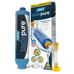 Camco TastePURE RV Water Filter | New and Advanced RV Inline Water Filter with Flexible Hose Protector | GAC and KDF Water Filter | Made Inch USA | Camping Essentials for Fresh Drinking Water (40043)