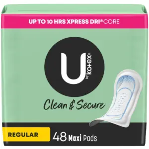 U by Kotex Clean and Secure Maxi Pads | Regular Absorbency | 48 Count | 2 Pack