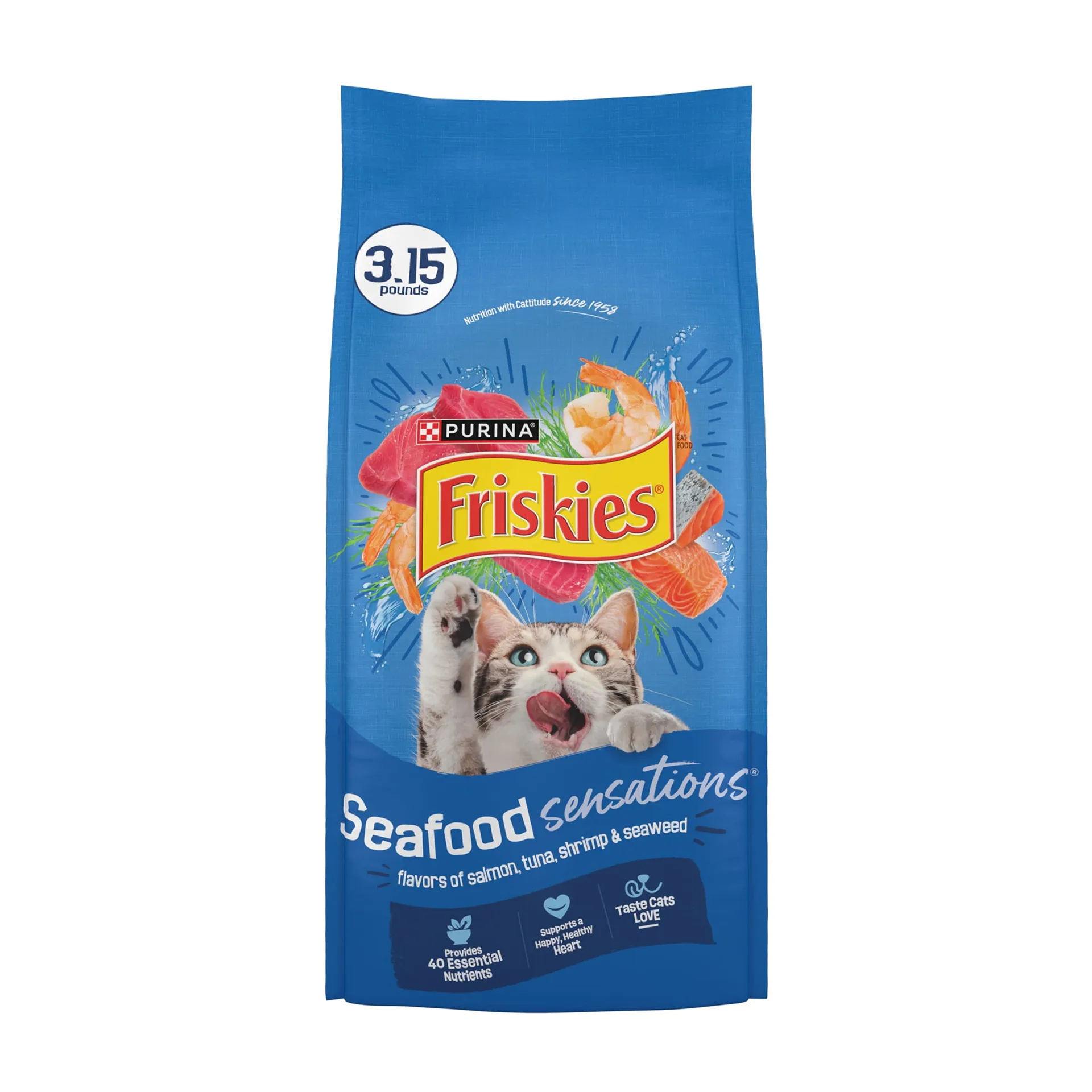 Purina Friskies Dry Cat Food Seafood Sensations with Salmon | Tuna | & Shrimp Flavors | 3.15 lb Bag | 1 | 3.15 lbs