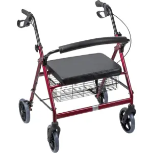 DMI Extra-Wide Heavy Duty Steel Bariatric Mobility Rollator Walker with Seat & Basket | Burgundy | Folding