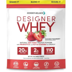 Designer Wellness | Designer Whey | Natural 100% Whey Protein Powder with Probiotics | Fiber | & Key B-Vitamins for Energy | Gluten-free | Non-GMO | Summer Strawberry | 2 lb | 2 lbs