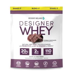 Designer Wellness | Designer Whey | Natural 100% Whey Protein Powder with Probiotics | Fiber | & Key B-Vitamins for Energy | Gluten-free | Non-GMO | Double Chocolate | 2 lb | 2 lbs