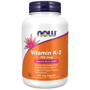 NOW Supplements | Vitamin K-2 100 mcg | Menaquinone-4 (MK-4) | Supports Bone Health* | 250 Veg Capsules