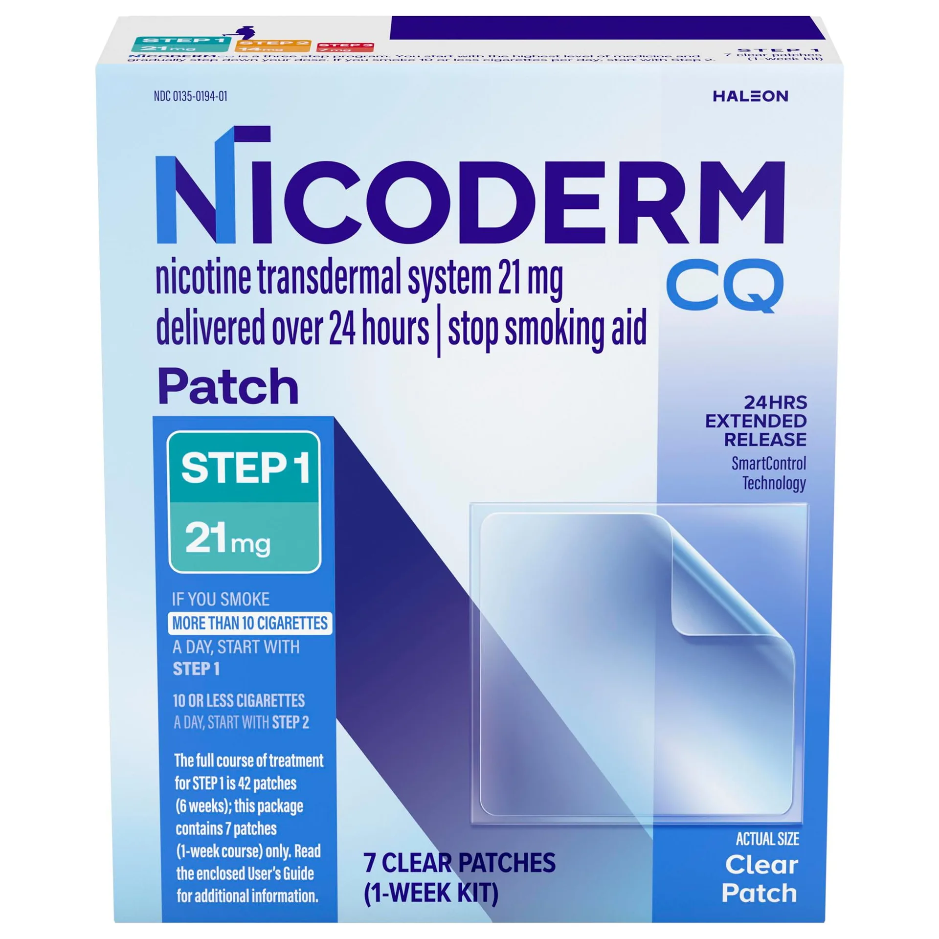 Nicoderm CQ Step 1 Extended Release Nicotine Patches to Stop Smoking | 21 Mg | 7 Count | Single