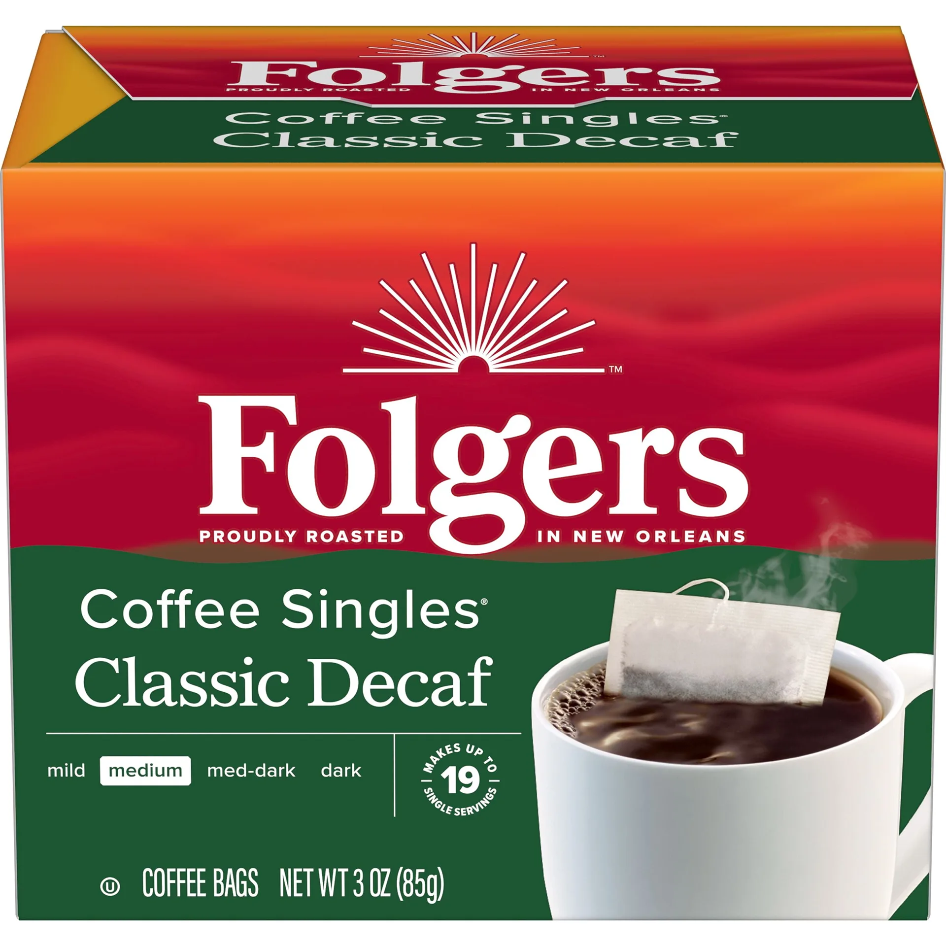 Folgers Coffee Singles Classic Decaf Coffee Bags | 19 Ct