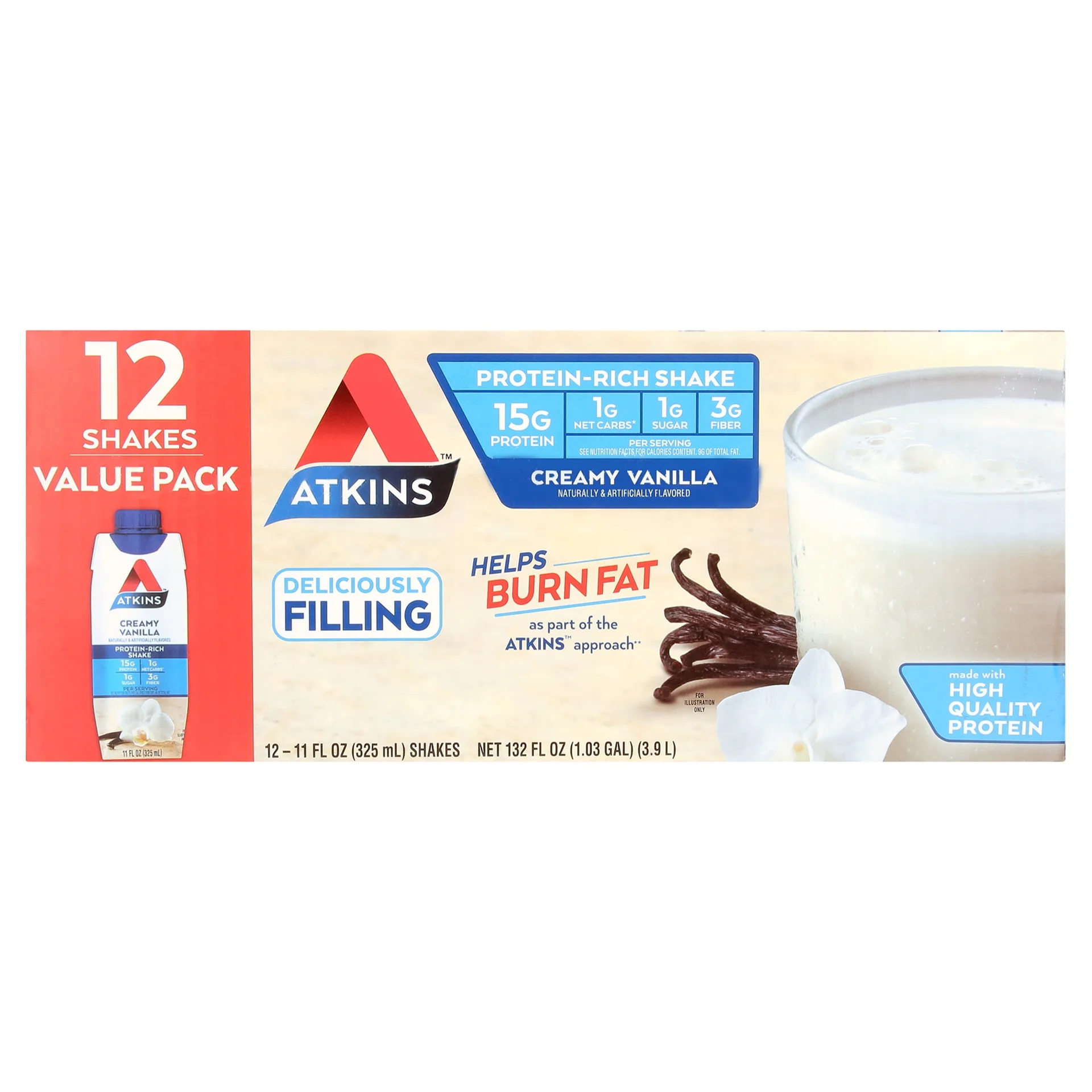 Atkins Creamy Vanilla Protein Shake | High Protein | Low Carb | Low Sugar | Keto Friendly | 12 Count (Value Pack)