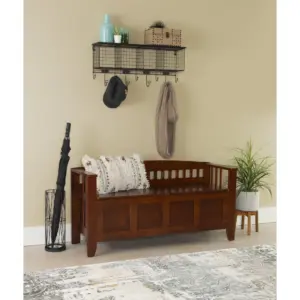 Linon Brandt Rubberwood Split Seat Slatted Back Storage Bench Inch Walnut Brown