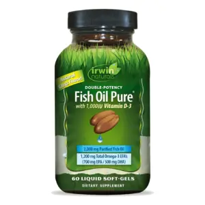 Irwin Naturals Double-Potency Fish Oil Pure | 60 Liquid Soft-Gels | 2,000 mg Purified Fish Oil with Vitamin D3 (30 Total Servings)
