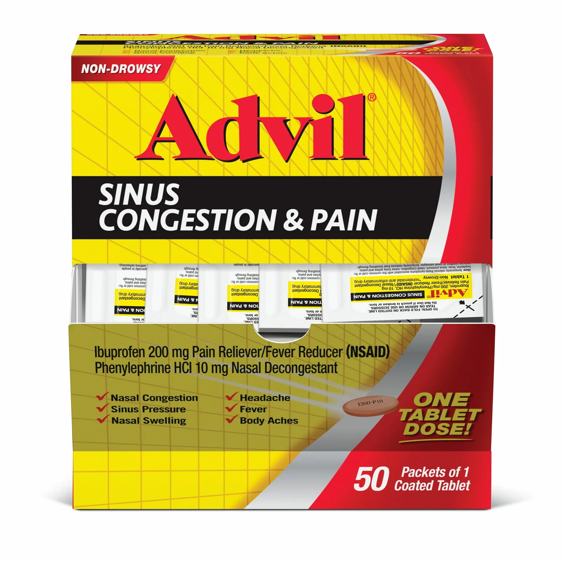 Advil Sinus Congestion & Pain | Sinus Medicine | Pain Reliever & Fever Reducer With Ibuprofen & Phenylephrine Hcl | 50 Coated Tablets