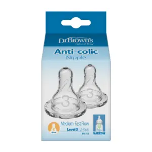 Dr. Brown's Natural Flow Level 3 Narrow Baby Bottle Silicone Nipple | Medium Flow | 3m+ | 100% Silicone Bottle Nipple | 2-Pack | Clear Level 3 | Single | Medium-Fast Flow | 6m+