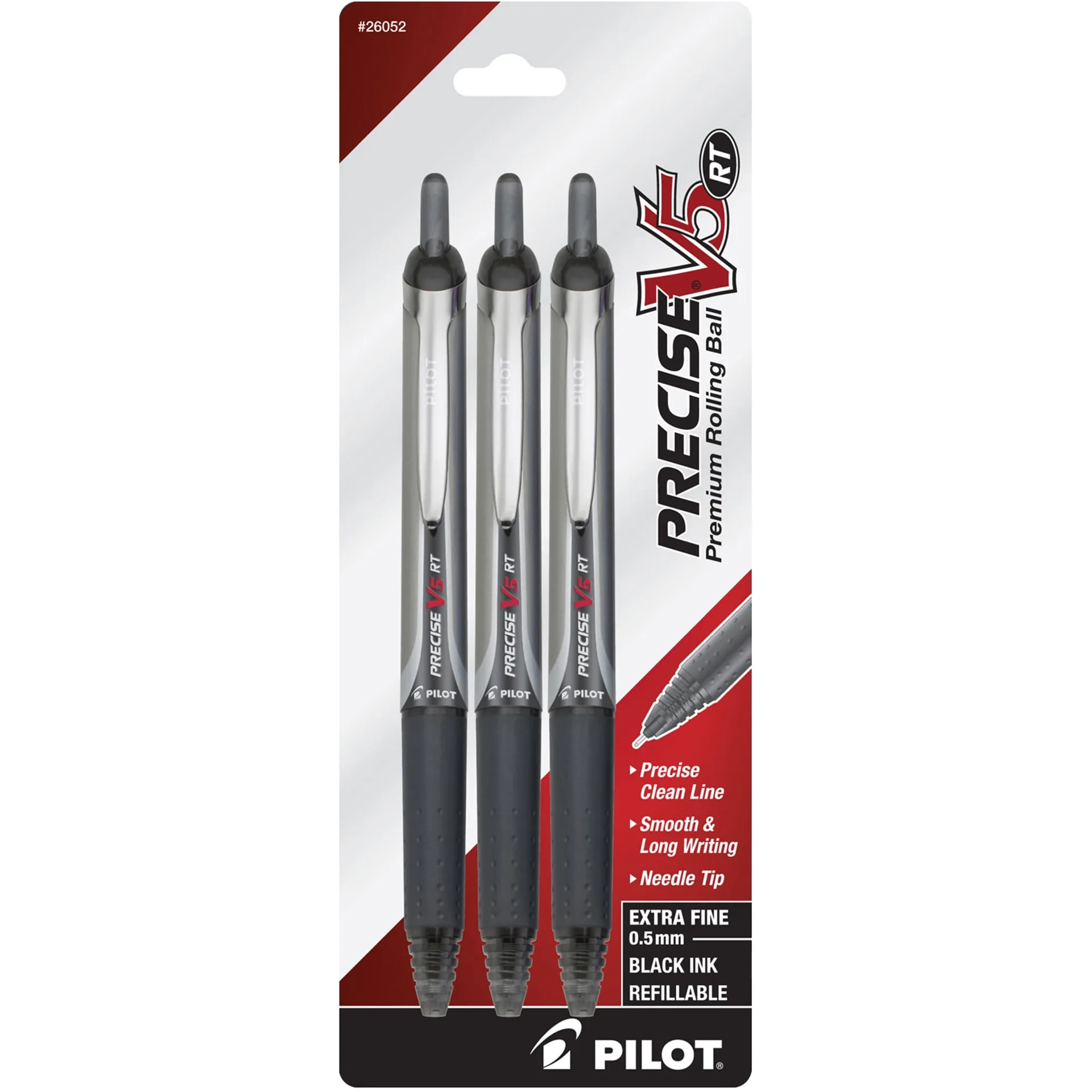 Pilot Precise V5 Liquid Ink Retractable Rollerball Pens | Extra-Fine Point | 0.5mm | Black Barrel | Black Ink | Pack Of 3