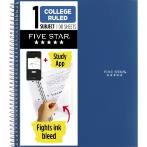 Five Star 1 Subject College Ruled Notebook Plus Study App | 8.5 x 11 | Pacific Blue | Poly | Spiral | 100 Sheets | Single