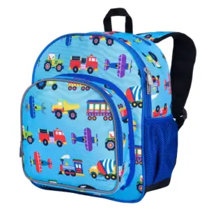 Kids 12 Inch Backpack for Toddler Boys and Girls | Insulated Front Pocket (Trains | Planes and Trucks Blue) | Planes and Trucks