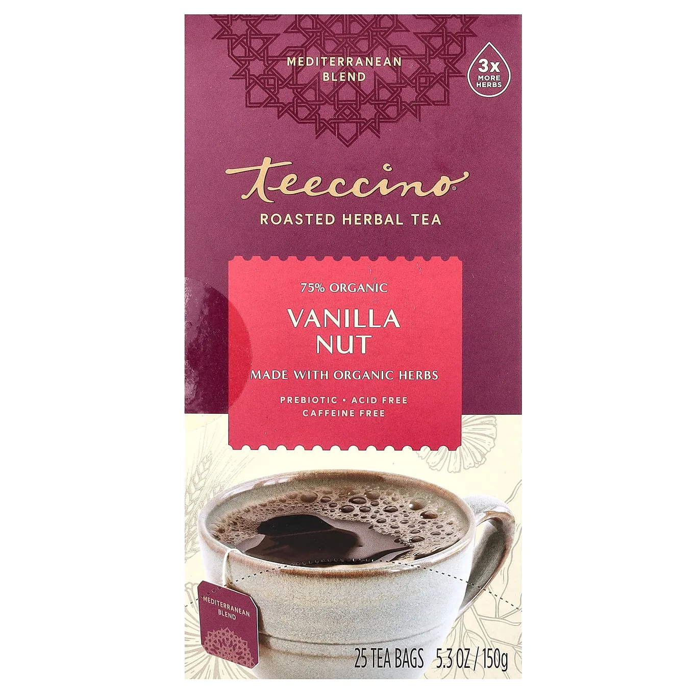 Teeccino Caffeine-Free and Prebiotic Herbal Tea | Vanilla Nut | 25 Tea Bags