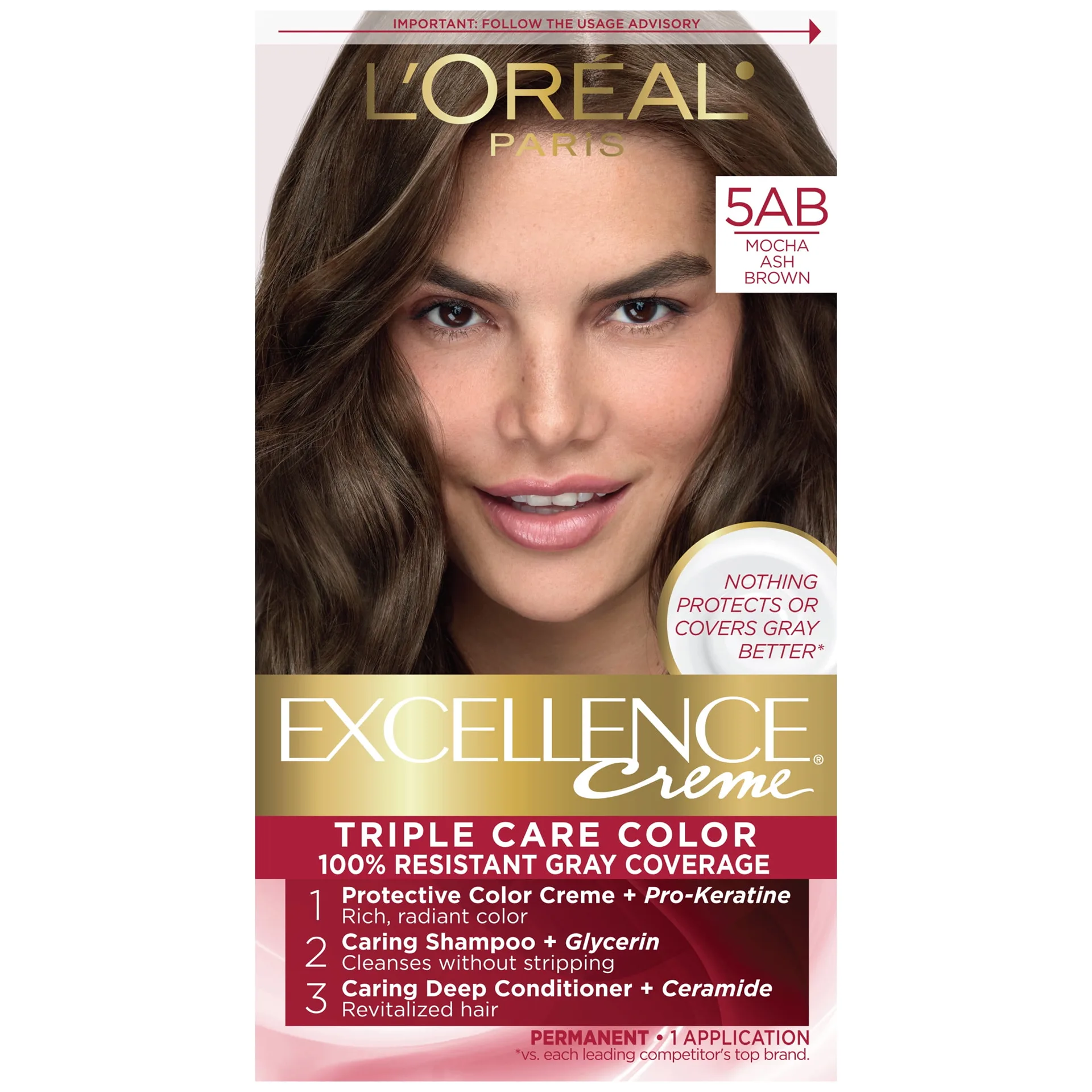L'Oreal Paris Excellence Creme Permanent Hair Color | Triple Care | 5AB Mocha Ashe Brown | 1 kit | 5AB Mocha Ash Brown