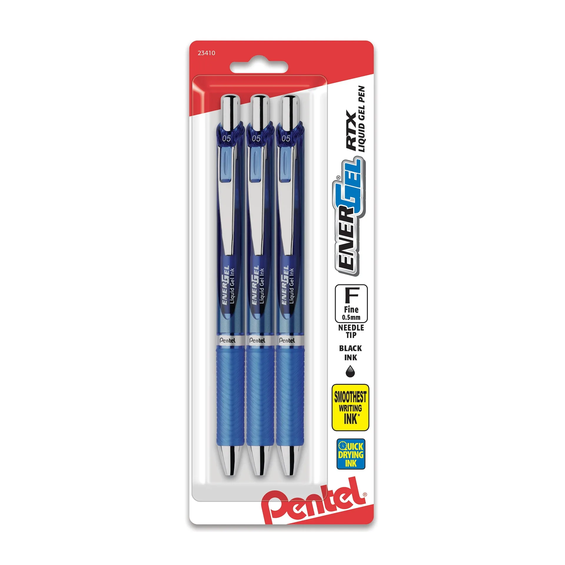 Pentel EnerGel RTX Retractable Liquid Gel Pen | (0.5mm) Needle Tip | Fine Line | Blue Ink 3-Pack