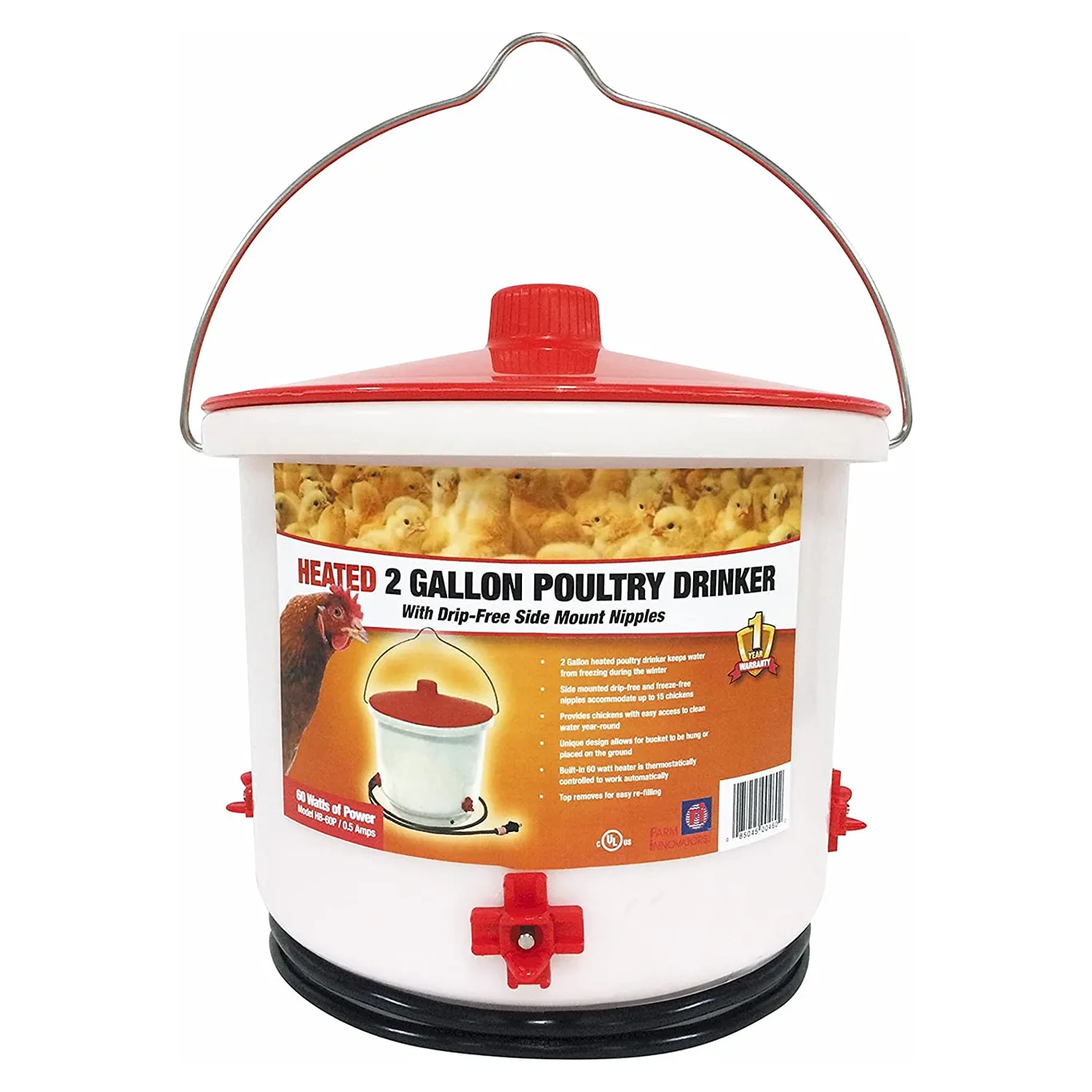 Farm Innovators Heated 2 Gallon Poultry Drinker w/ Drip-Free Side Mount Nipples (Premium Edition)