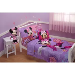 Disney Minnie Mouse Fluttery Friends 4-Pieces Toddler Bedding Set | Preschool Girl | Fluttery Friends Purple