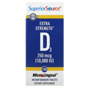 Superior Source Vitamin D3 10000 IU Quick Dissolve Mivcrolimqia; Tablets | 100 Count. Promotes Strong Bones | & Teeth. Immune Support Non-GMO. Dietary Supplement