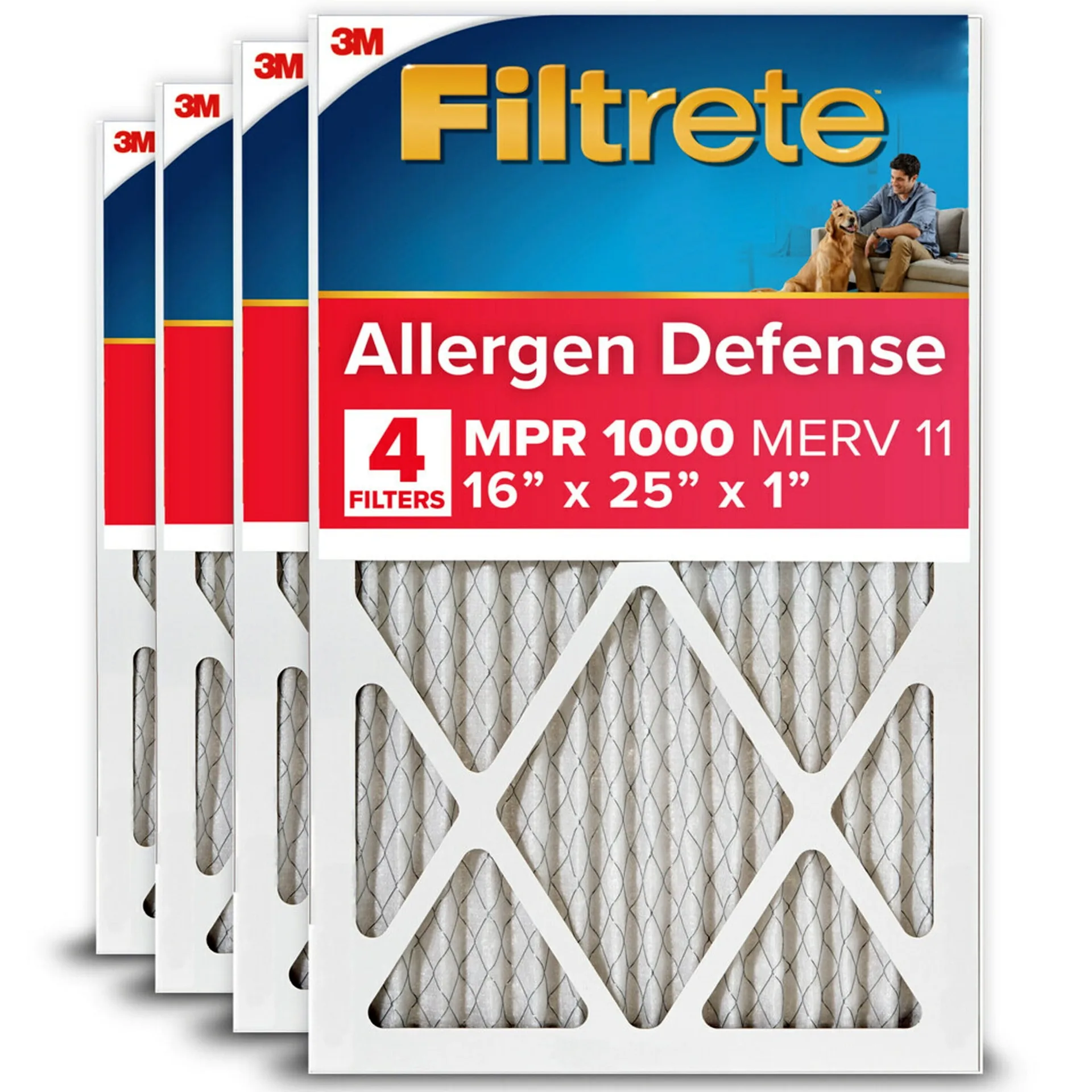 Filtrete 16x25x1 HVAC Furnace Air Filter | MPR 1000 MERV 11 | Allergen Defense | 4 Pack
