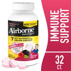 Airborne 1000mg Vitamin C Immune Support Chewable Tablets | Multivitamin Supplement | Very Berry Flavor | 32 ct