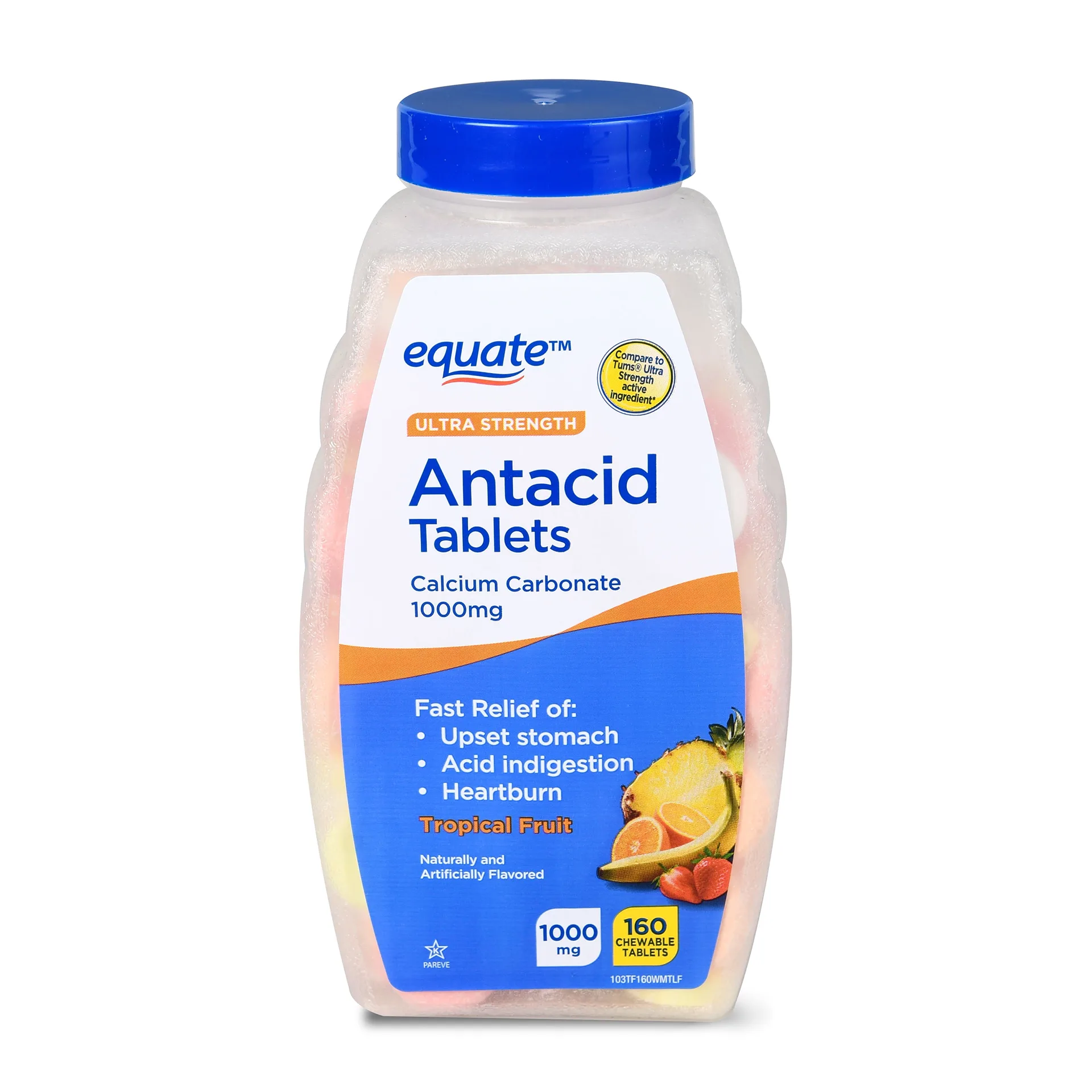 Equate Ultra Strength Antacid Tropical Fruit Chewable Tablets | 1000 mg | 160 Count | Compare to Tums Ultra Strength Active Ingredient