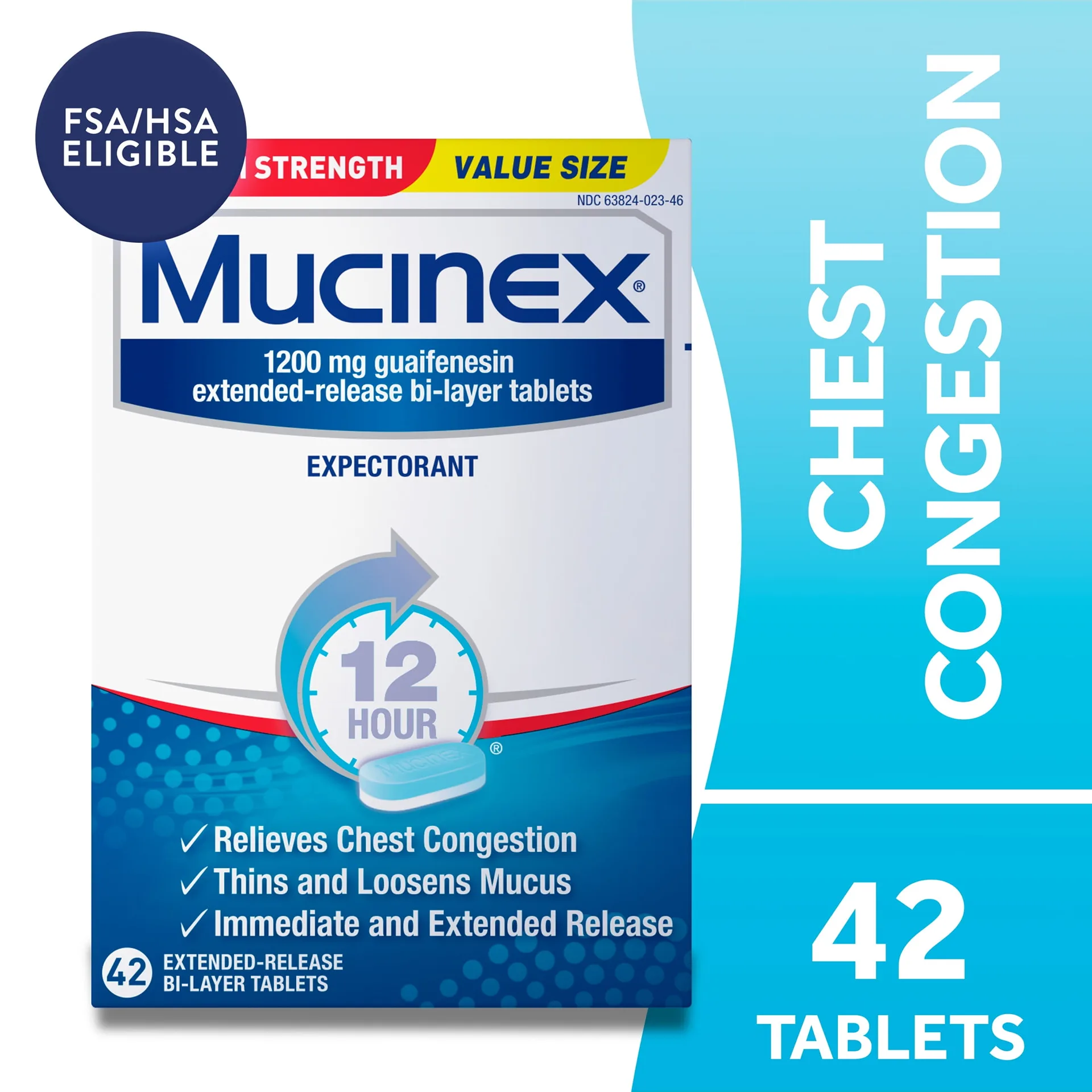 Mucinex 12 Hour Max Strength Expectorant | OTC Medicine for Excess Mucus Relief | FSA/HSA | 42 Tablets