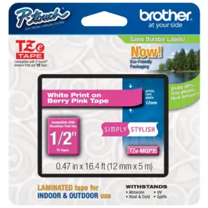 Genuine Brother 1/2 (12mm) White on Berry Pink TZe P-touch Tape for Brother PT-1400 | PT1400 Label Maker | 1/2” (12mm) | White on Berry Pink