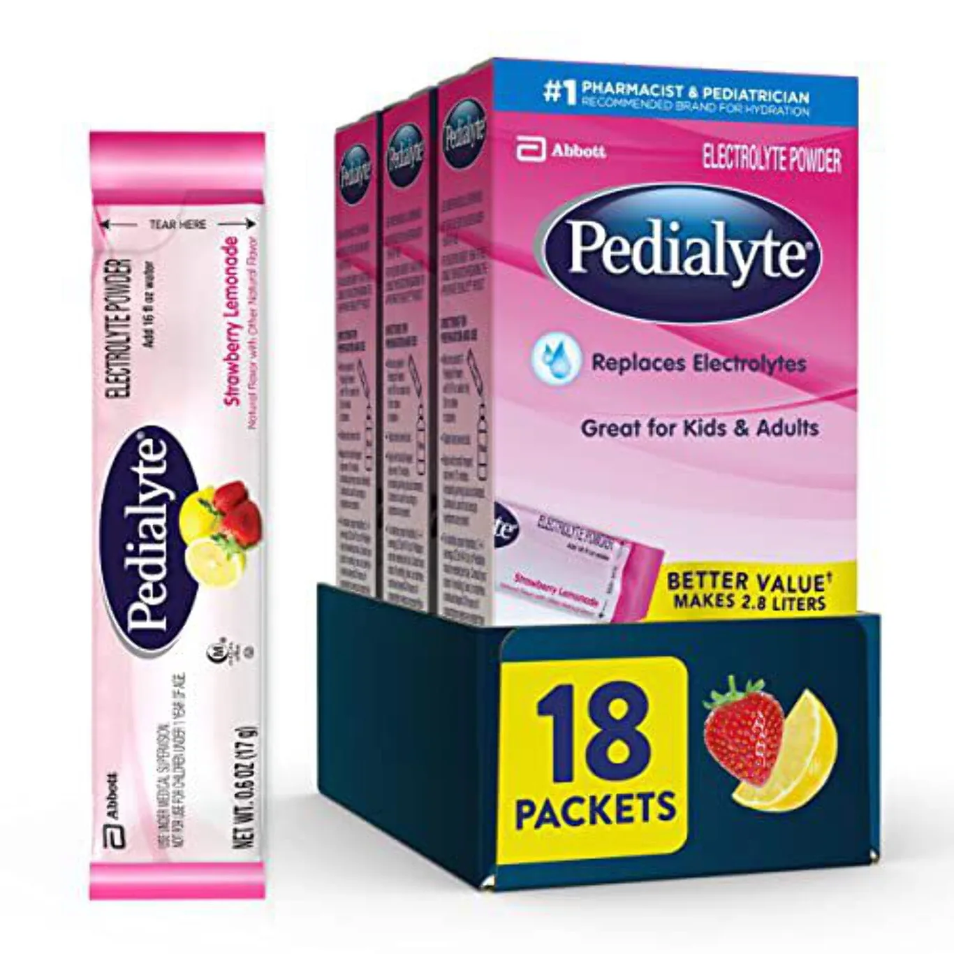 Pedialyte Electrolyte Powder Packets | Strawberry Lemonade | Hydration Drink | 18 Single-Serving Powder Packets