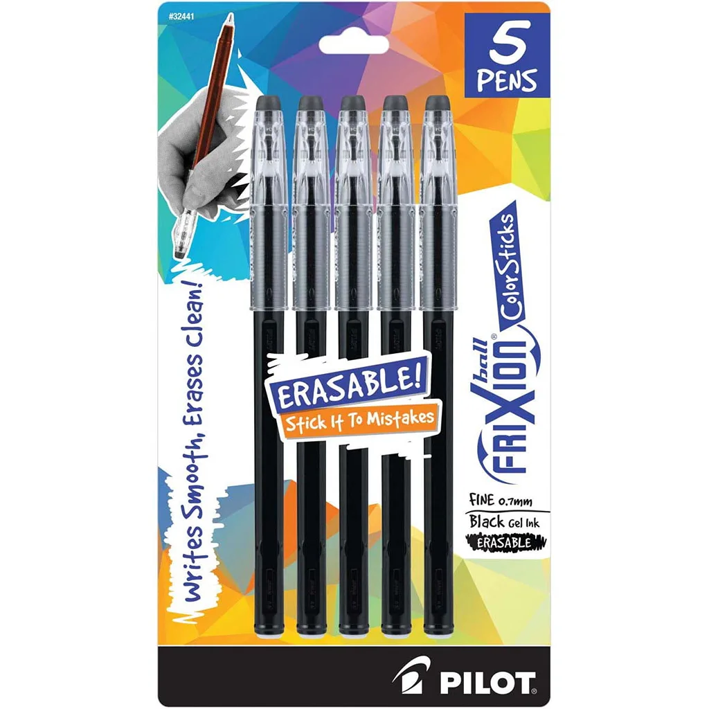 Pilot FriXion Ball Color Sticks Erasable Gel Pens 5/Pkg-Black (Premium Edition)