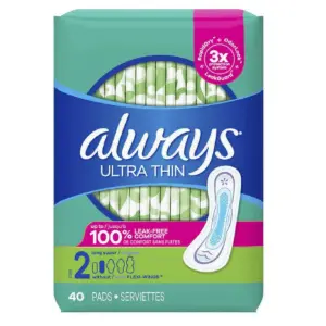 Always Ultra Thin Pads Long without Wings Unscented | Size 2 | 40 ea