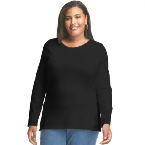 Hanes Women's & Women's Plus Cotton Crew Neck T-Shirt with Long Sleeves | Sizes XS-5X | Ebony | 2X