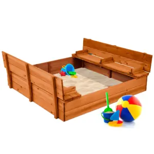 Kids' Outdoor Wooden Sandbox Large | Cedar Wood with Foldable Bench Seats & Sand Protection | Bottom Liner Included | Brown