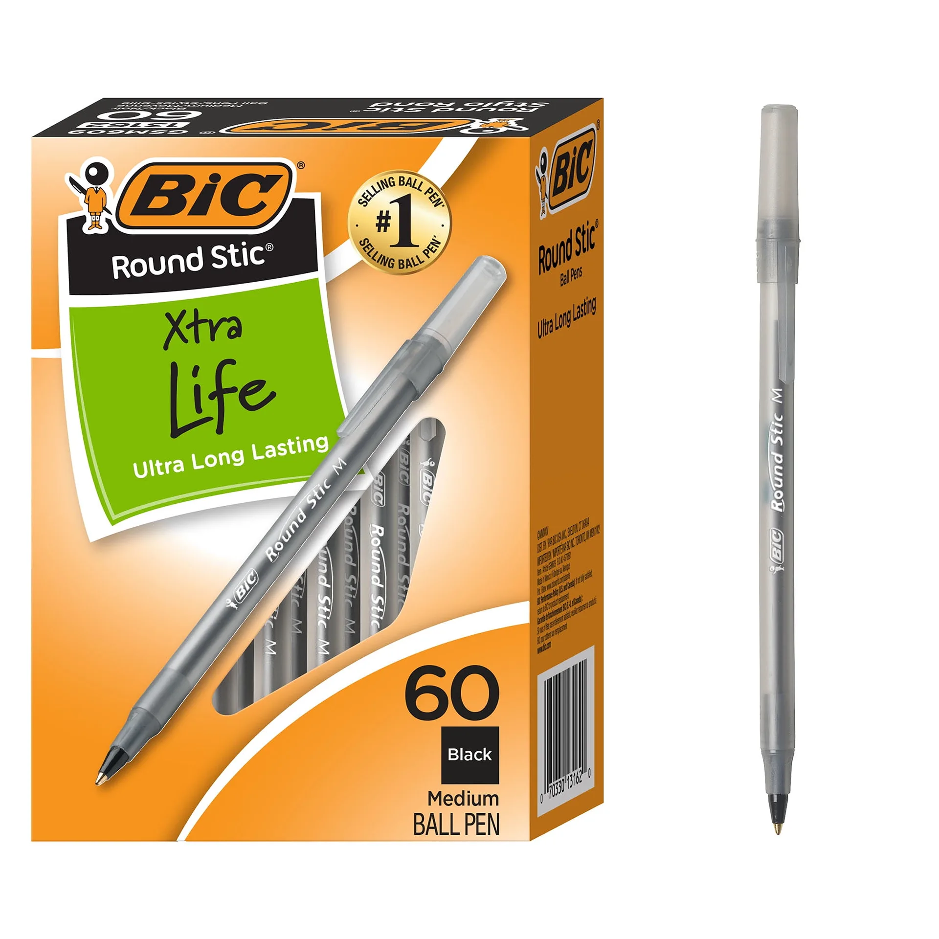 BIC Round Stic Xtra Life Ballpoint Pen | Medium Point | 1.0 Millimeters | Black Ink | 60 Count | Single