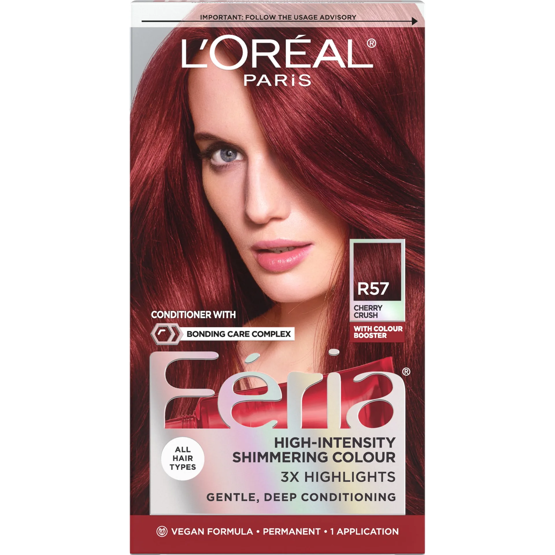L'Oreal Paris Feria Shimmering Permanent Hair Color | R57 Cherry Crush | 1 Kit | R57 Cherry Crush (Intense Medium Auburn) | Intense Medium Auburn