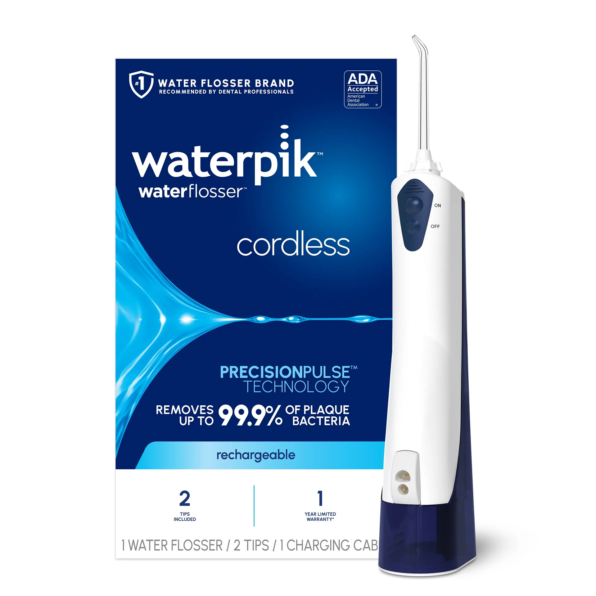 Waterpik Cordless Portable Water Flosser with 2 Tips | ADA Accepted | White & Blue | 1