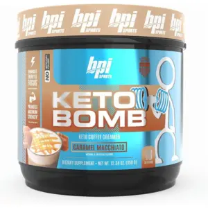 BPI Sports Keto Bomb Coffee Creamer | Supports Energy & Hydration | MCT & Electrolytes | with Calcium | Caramel Macchiato | 18 Servings
