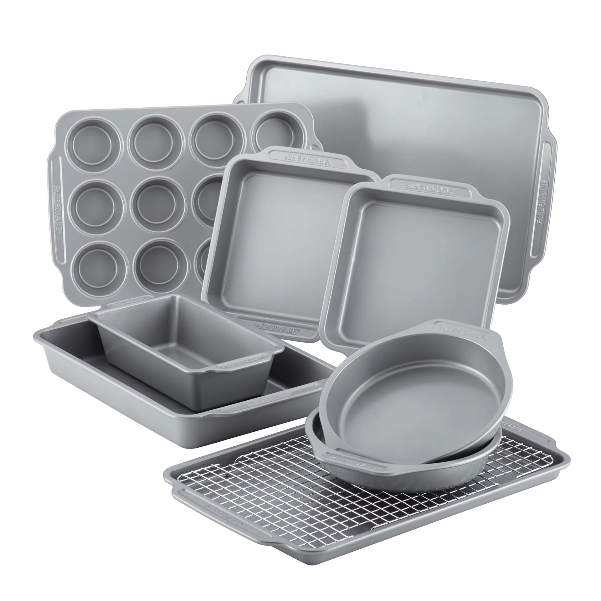 Farberware 10 Pieces Nonstick Bakeware Set with Cooling Rack | Dishwasher Safe & Oven Safe to 450F | Gray