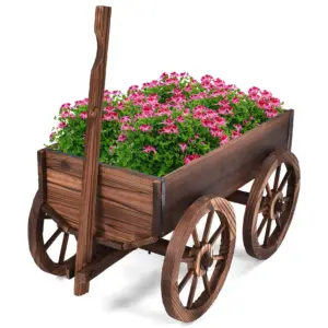 Costway Wood Wagon Flower Planter Pot Stand W/Wheels Home Garden Outdoor Decor (Premium Edition)