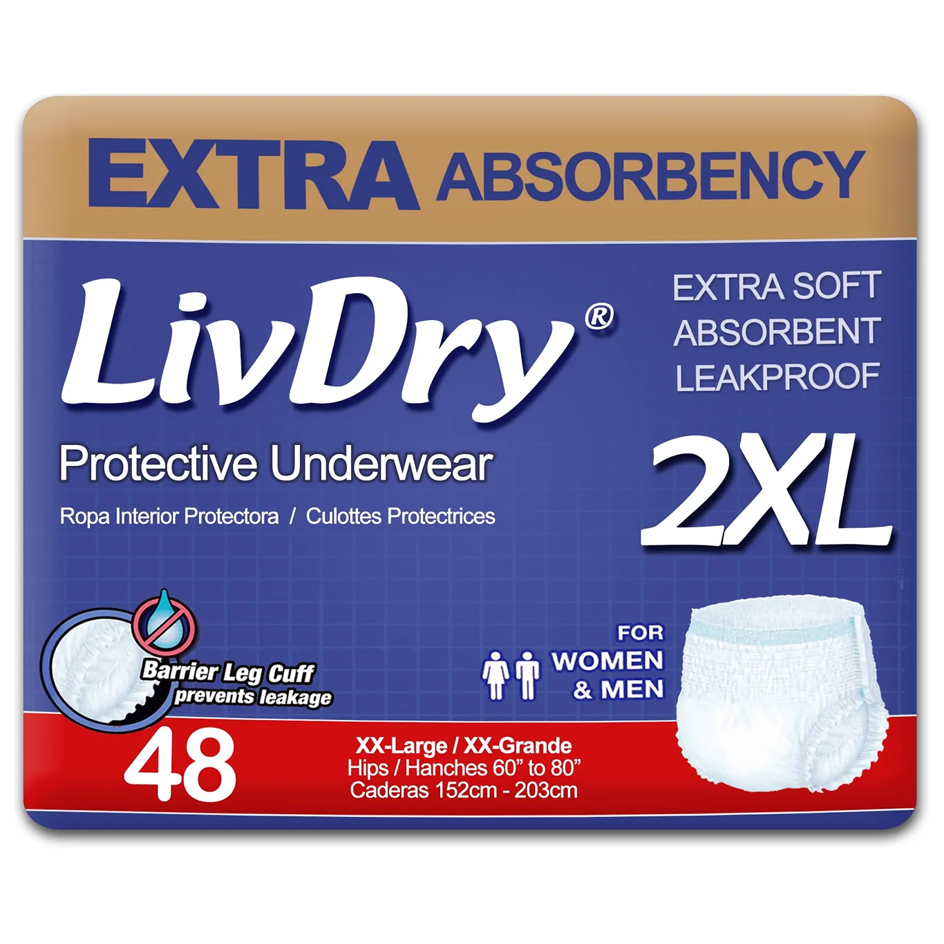 LivDry Adult XXL Incontinence Underwear | Overnight Comfort Absorbency | Leak Protection | XX-Large | 12-Pack