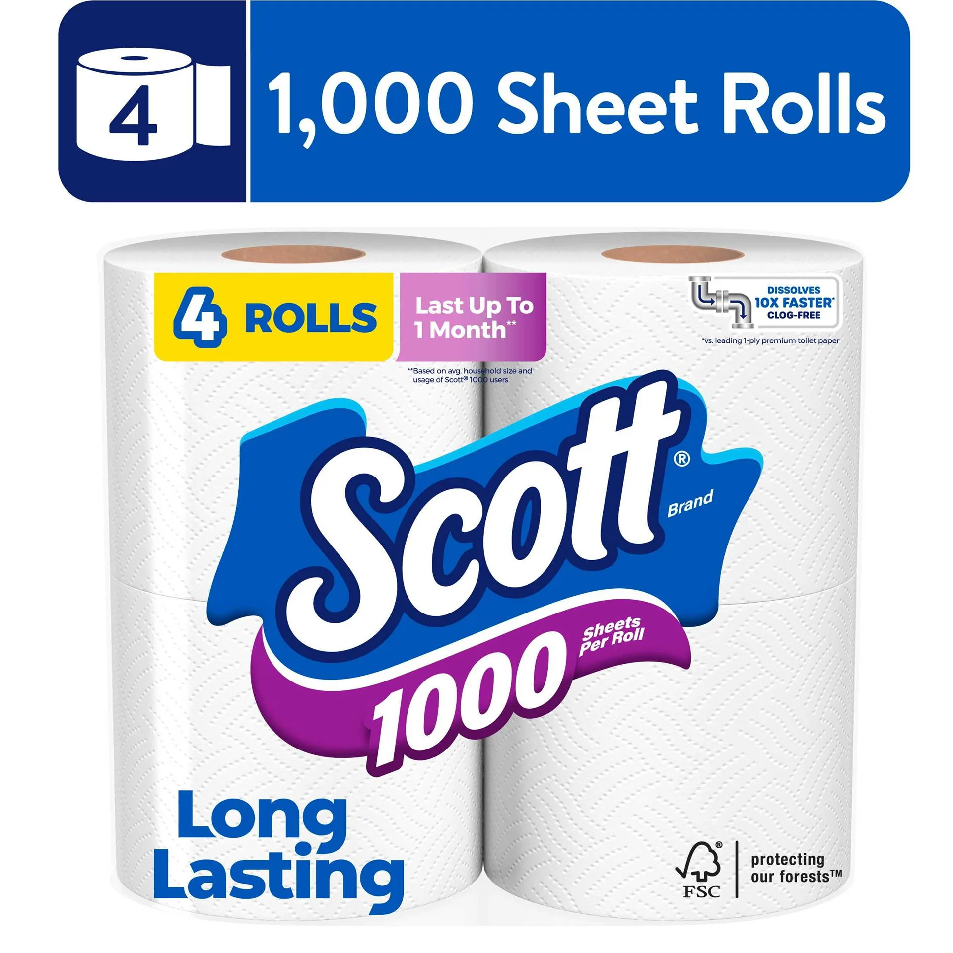 Scott 1000 Toilet Paper | 4 Rolls | 1,000 Sheets per Roll