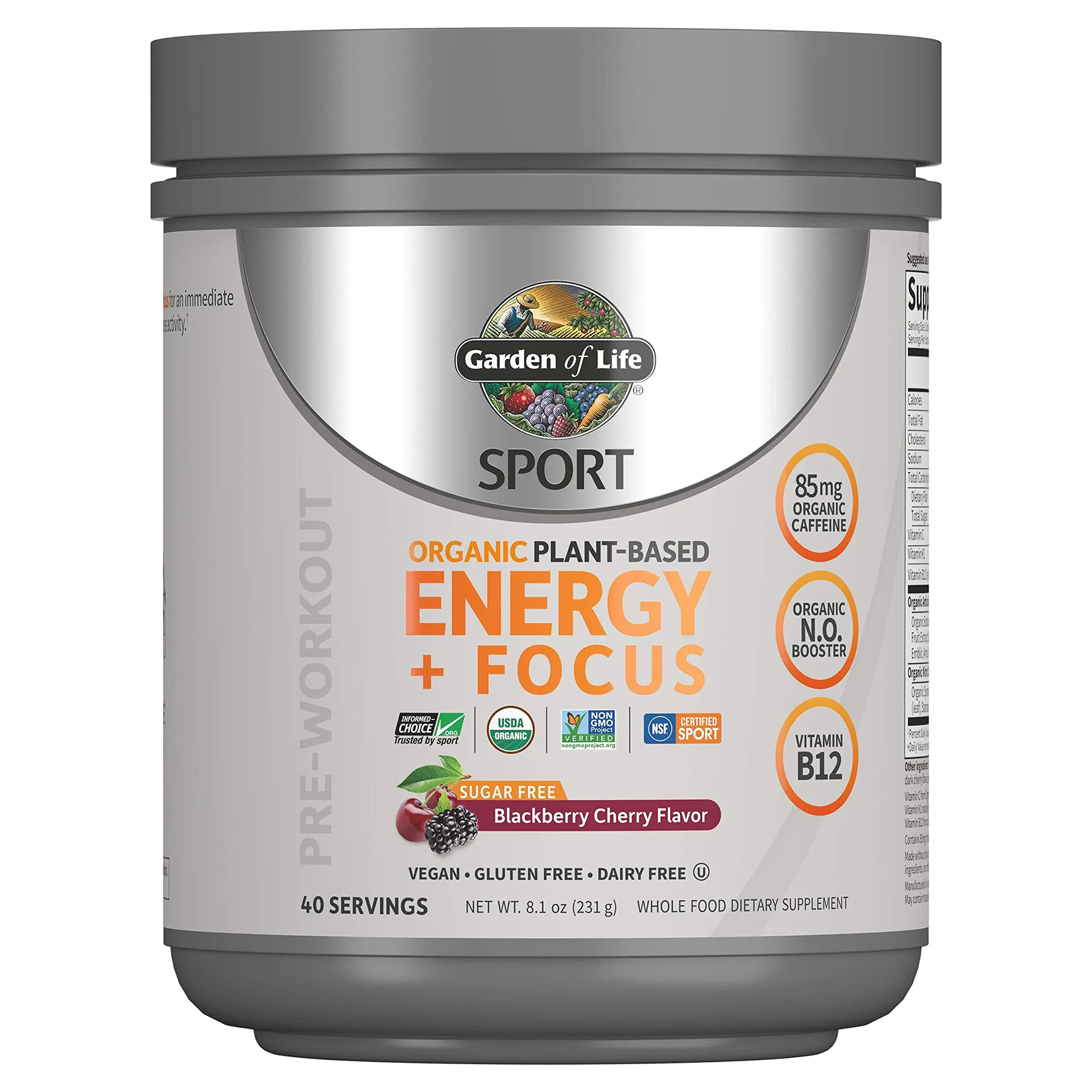 Garden of Life Sport Organic Plant-Based Energy + Focus Vegan Clean Pre Workout Powder | Sugar and Gluten Free BlackBerry Cherry with 85mg Caffeine | Natural NO Booster | B12 | 40 Servings | 8.14 Ounce