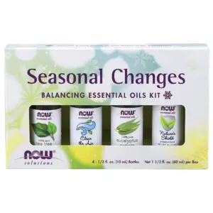 NOW Essential Oils | Seasonal Changes Balancing Aromatherapy Kit | 4x10ml Including Tea Tree | Eucalyptus Radiata | Clear the Air & Nature’s Shield Oil Blend With Child Resistant Caps | 6.00 x 3.63 x 1.00