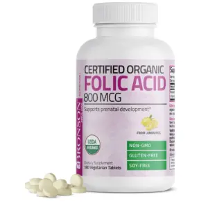 Bronson Organic Folic Acid 800 mg | USDA Certified and Vegetarian | Ultimate Prenatal Vitamin | Prenatal Development | 180 Tablets
