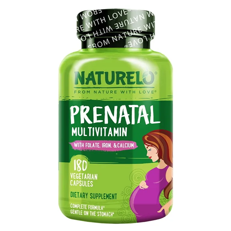 NATURELO Prenatal Multivitamin with Gentle Chelated Iron | Methyl Folate | Plant Calcium and Choline | Vegan | Vegetarian | Non-GMO | Gluten Free | 180 Capsules