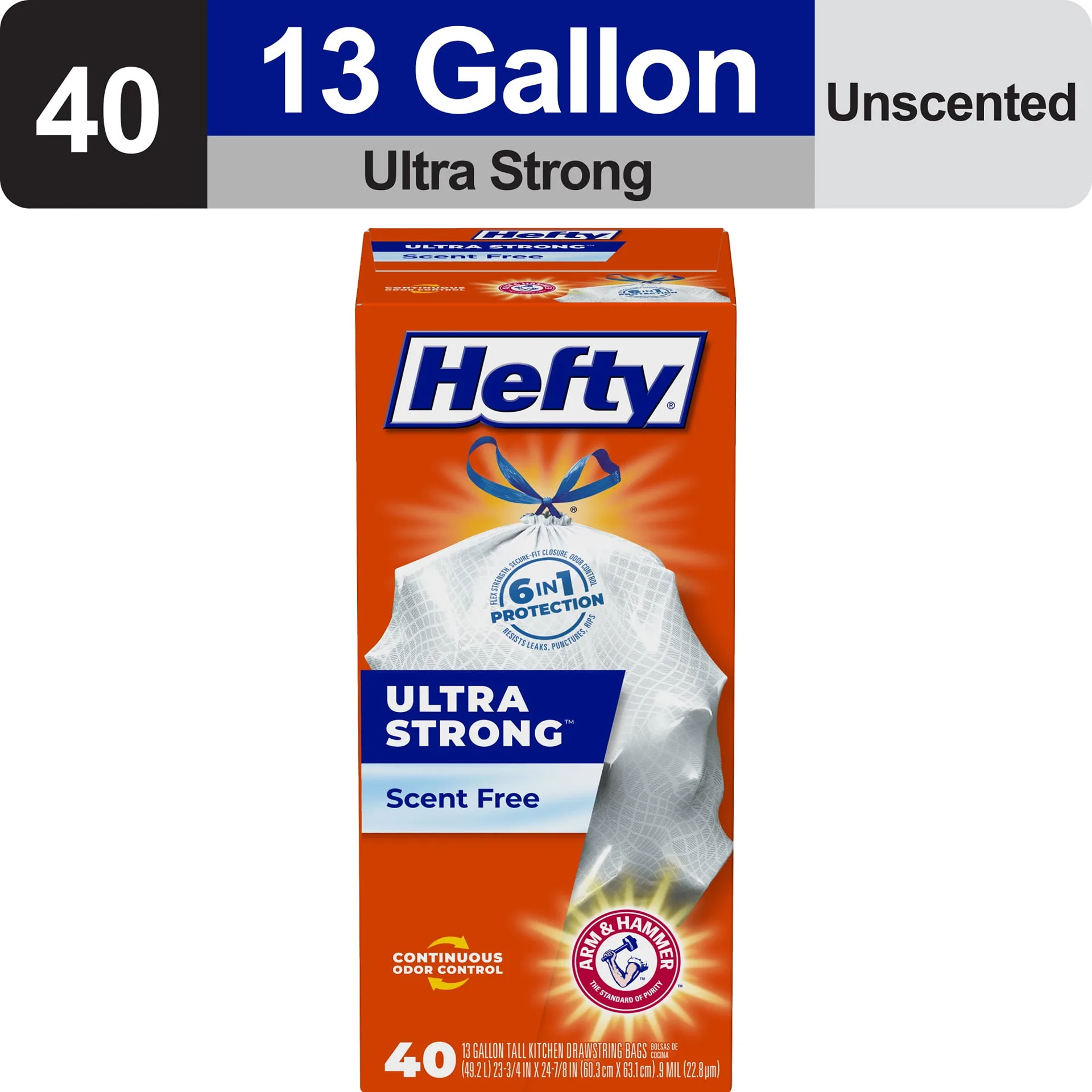 Hefty Ultra Strong 13 gallon Trash Bags | Tall Kitchen Trash Bags | White | Unscented | 40 Bags