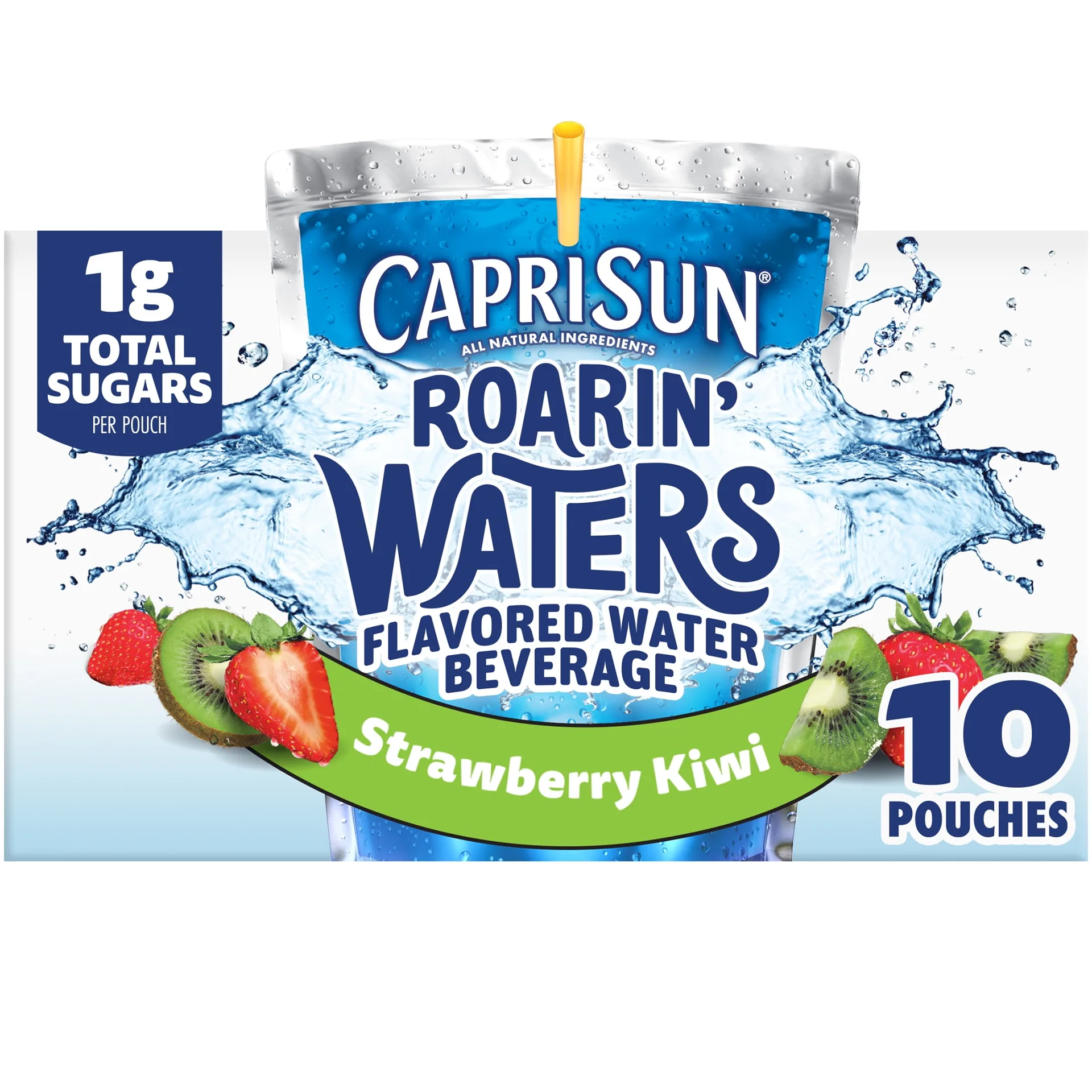 Capri Sun Roarin' Waters Strawberry Kiwi Surf Flavored Water Kids Drink Pouches | 10 Ct Box | 6 fl Ounce Pouches | Crisp | Light | Thin