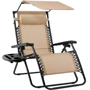 Best Choice Products Folding Zero Gravity Recliner Patio Lounge Chair w/ Canopy Shade | Headrest | Tray | Beige