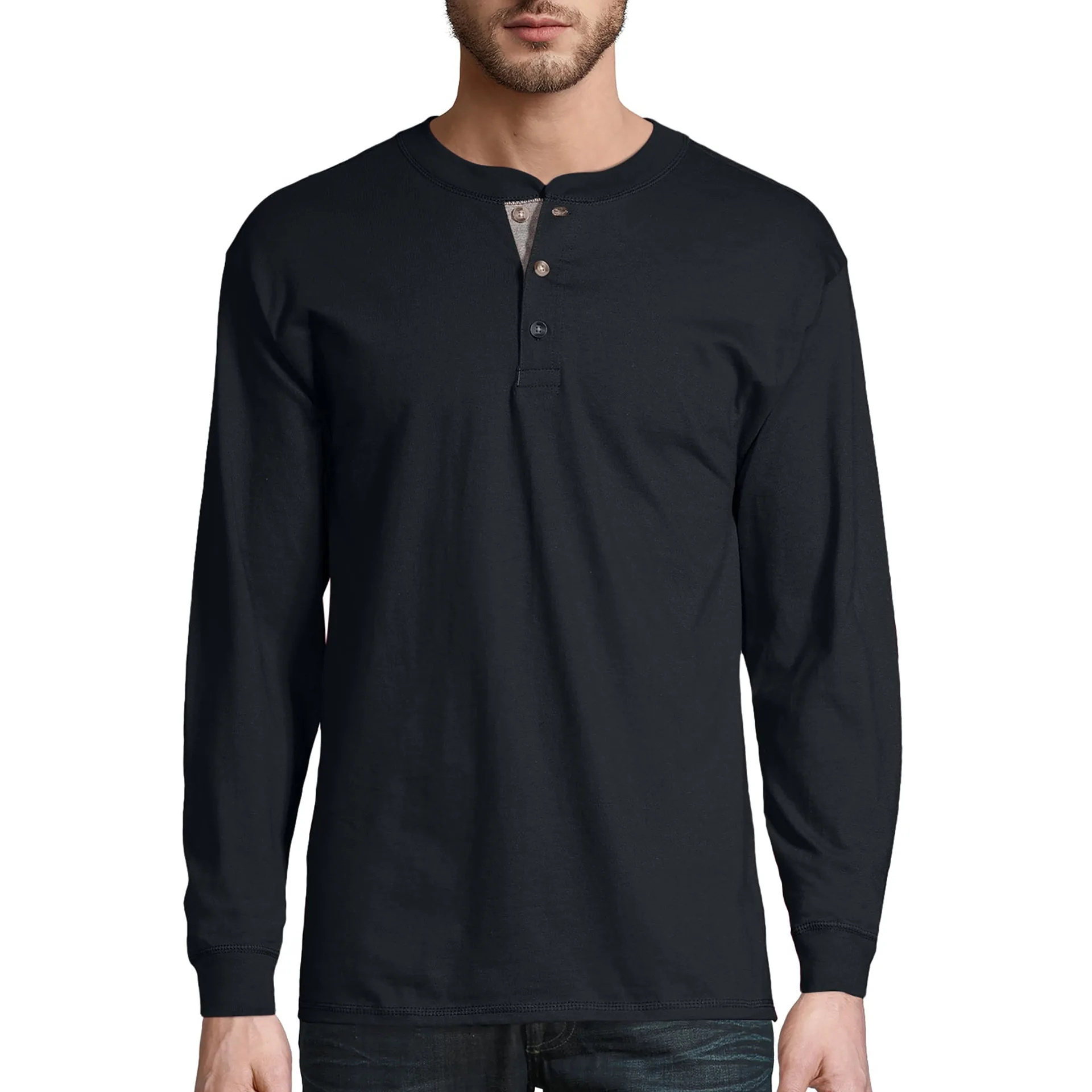 Hanes Men's & Big Men's Beefy Heavyweight Long Sleeve Three-Button Henley | Up To Size 3XL | Ebony